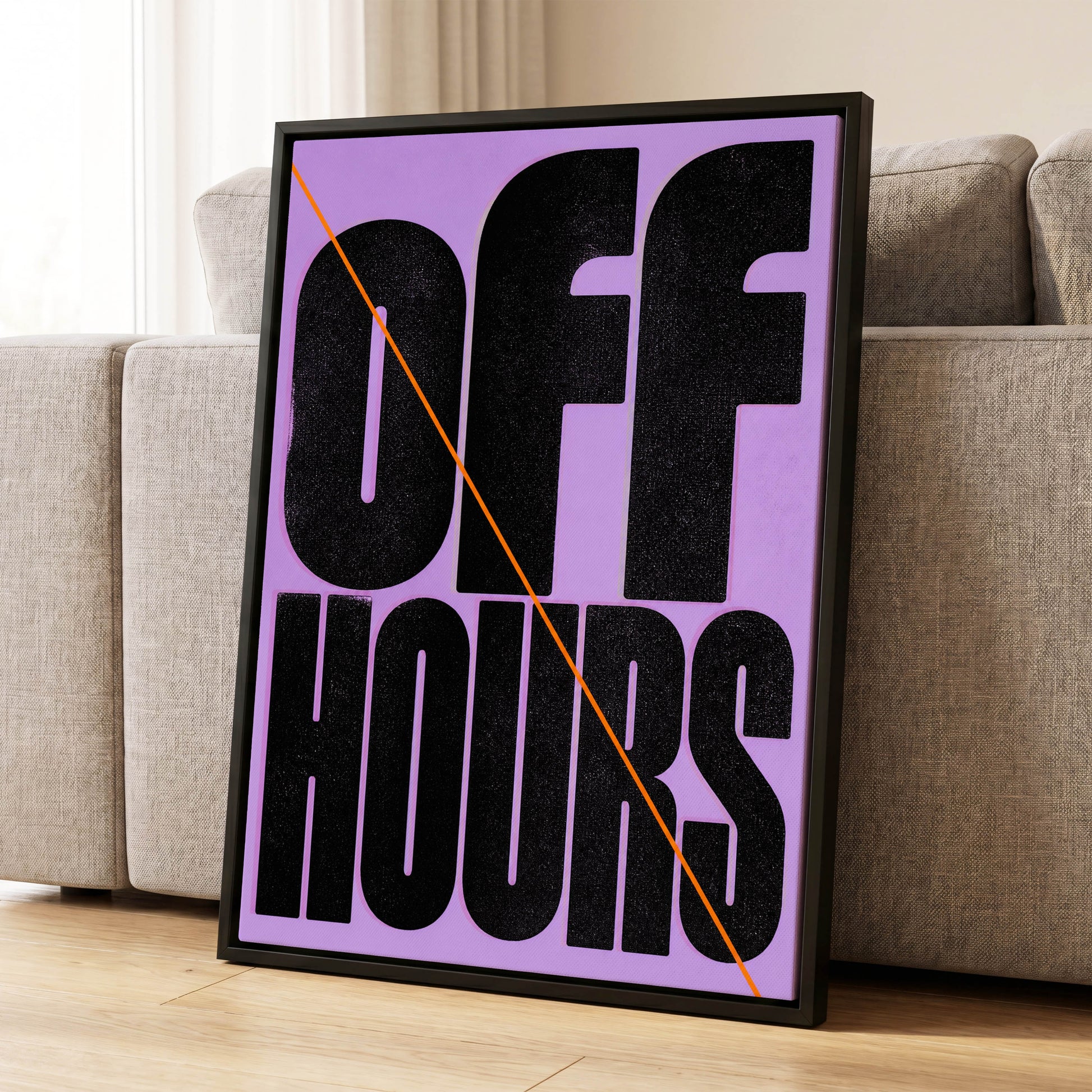 Off Hours Signal, black, purple, orange minimalist wall art displayed in a styled interior, gallery view 1
