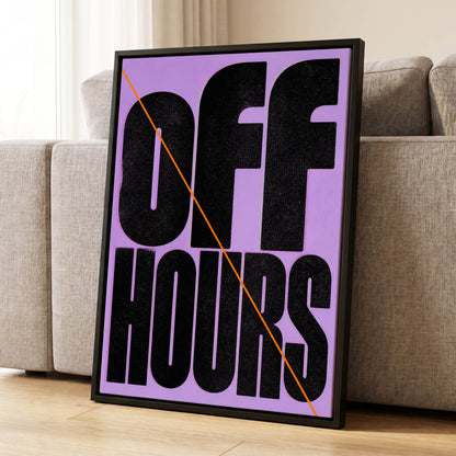 Off Hours Signal, black, purple, orange minimalist wall art displayed in a styled interior, gallery view 1