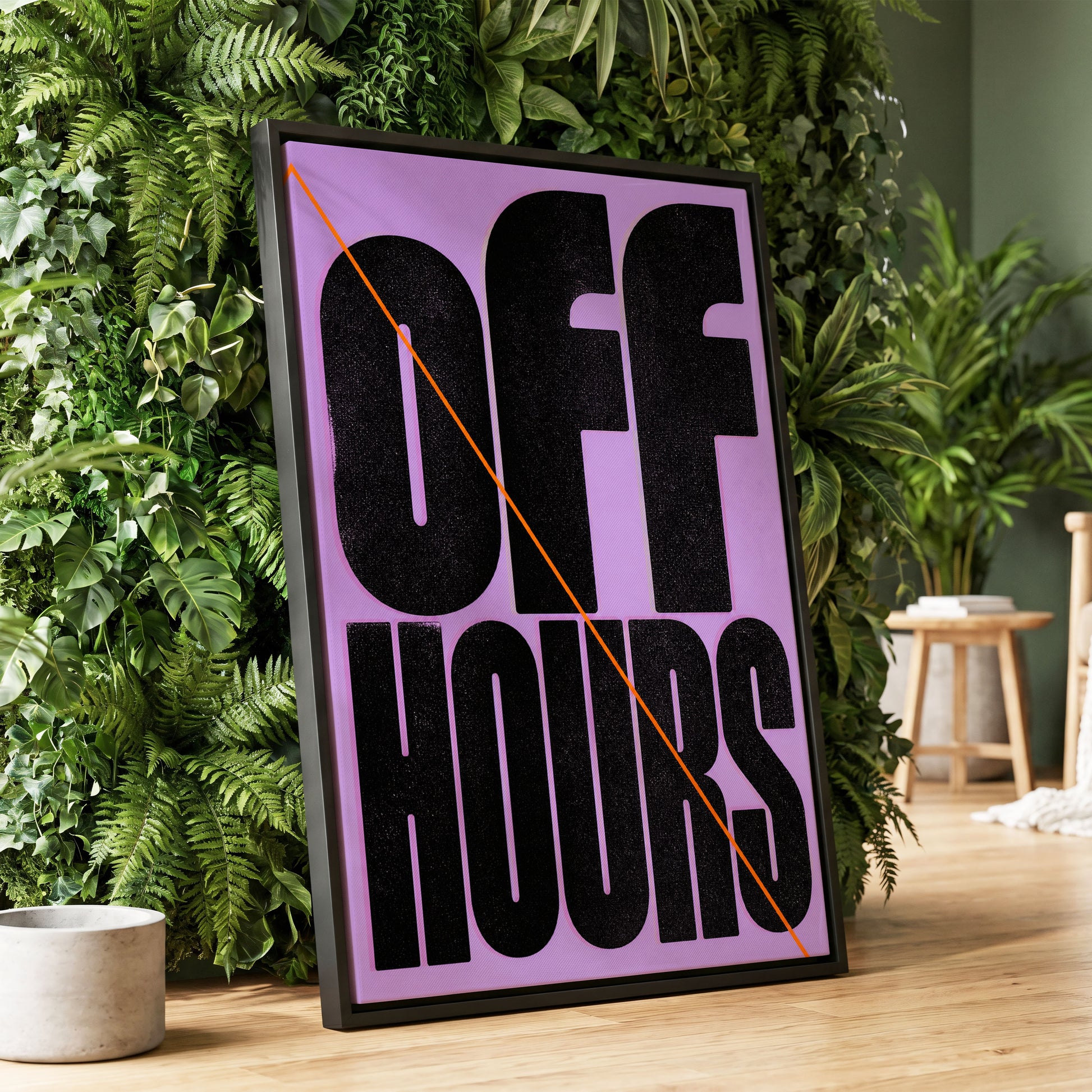 Off Hours Signal, black, purple, orange minimalist wall art displayed in a styled interior, gallery view 2