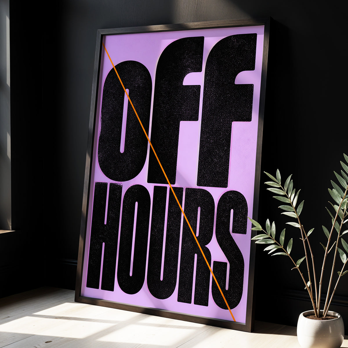 Off Hours Signal, black, purple, orange minimalist wall art displayed in a styled interior, gallery view 3