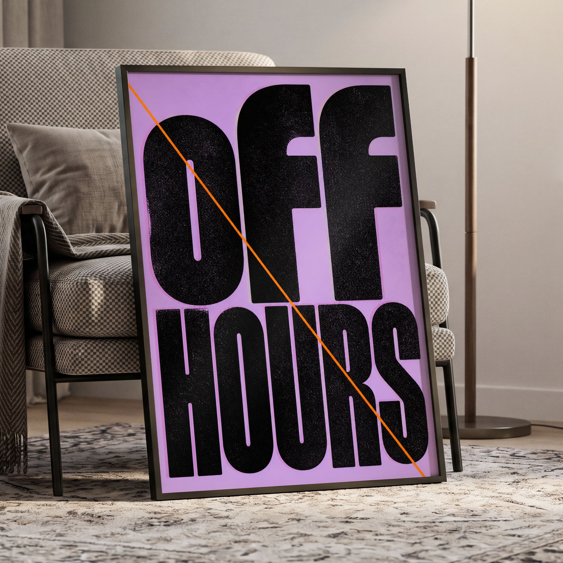 Off Hours Signal, black, purple, orange minimalist wall art displayed in a styled interior, gallery view 6