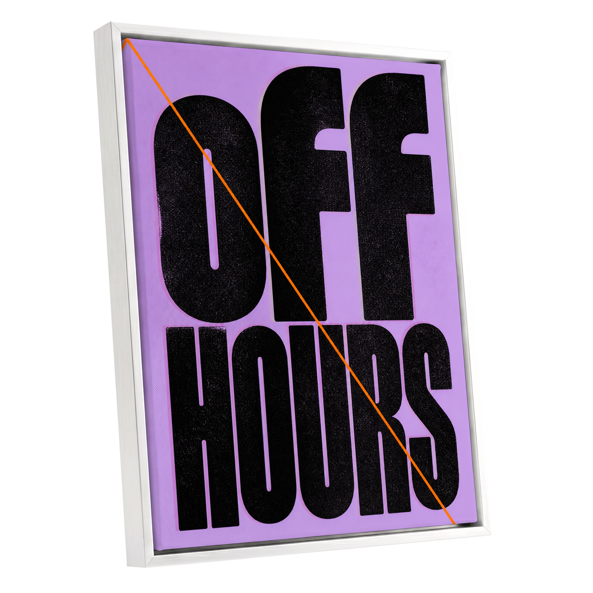 Off Hours Signal, black, purple, orange minimalist wall art shown as a white framed canvas wall art
