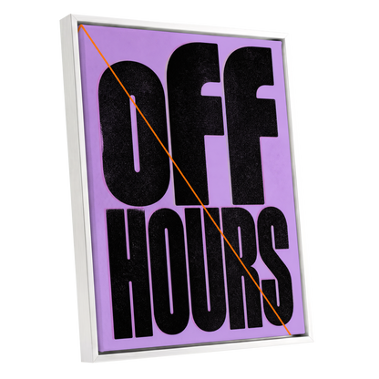 Off Hours Signal, black, purple, orange minimalist wall art shown as a white framed canvas wall art