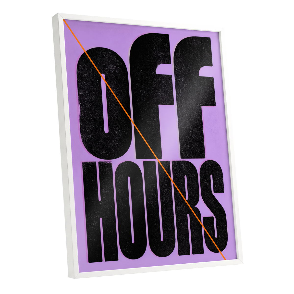 Off Hours Signal, black, purple, orange minimalist wall art shown as a white framed poster wall art print