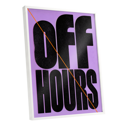 Off Hours Signal, black, purple, orange minimalist wall art shown as a white framed poster wall art print