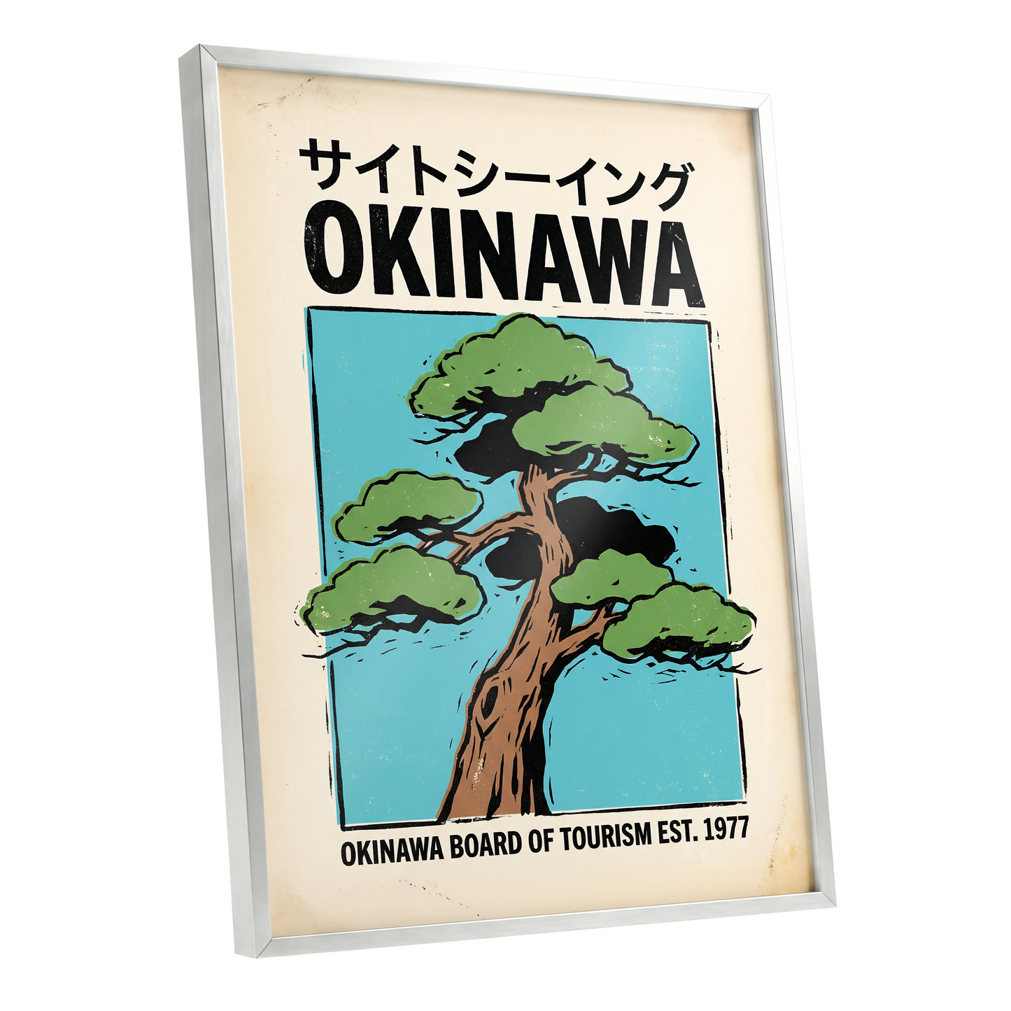 Okinawa Evergreen, black, green, beige nature wall art shown as a silver framed poster wall art print