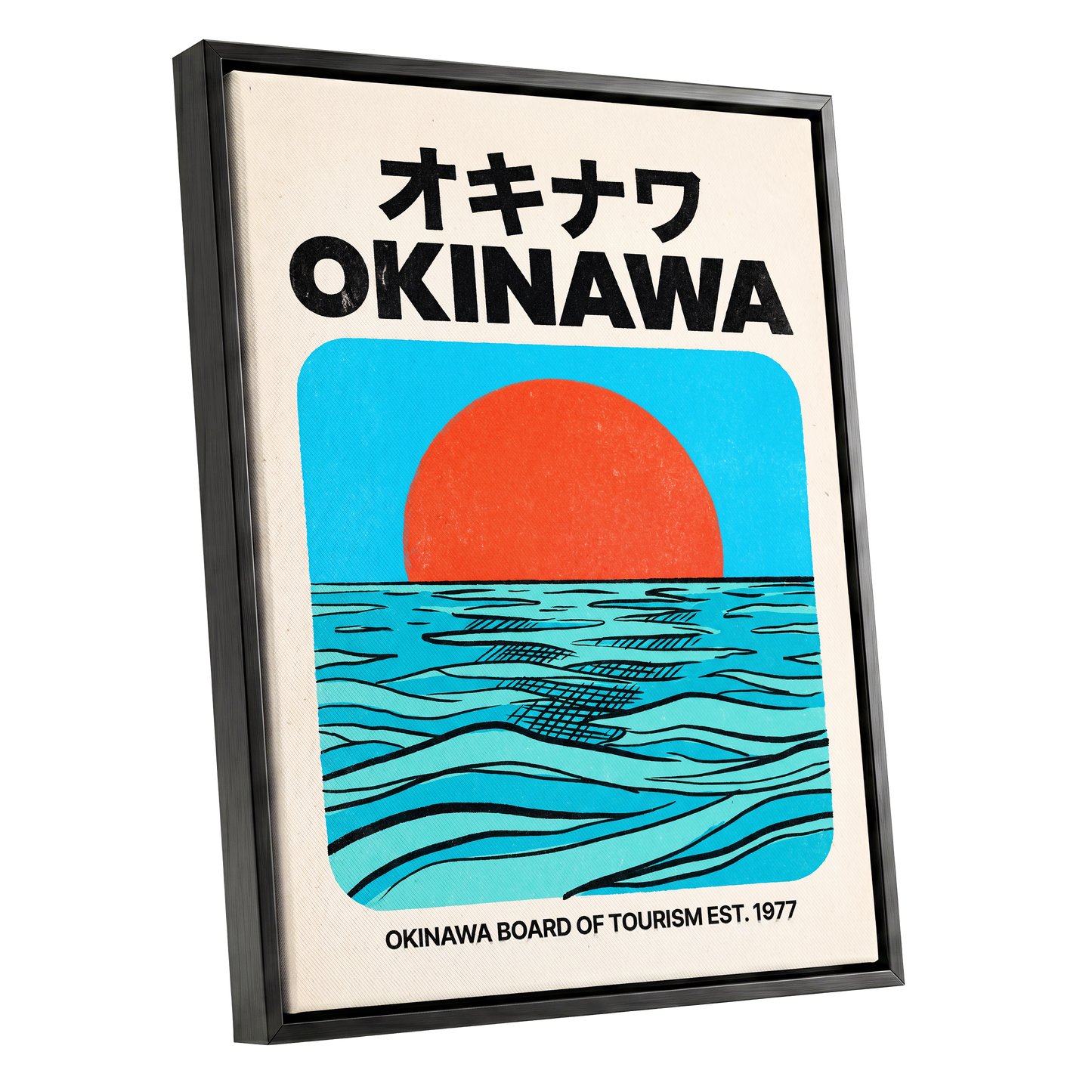 Okinawa Horizon, black, beige, blue nature wall art shown as a black framed canvas wall art