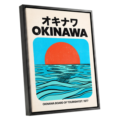 Okinawa Horizon, black, beige, blue nature wall art shown as a black framed canvas wall art