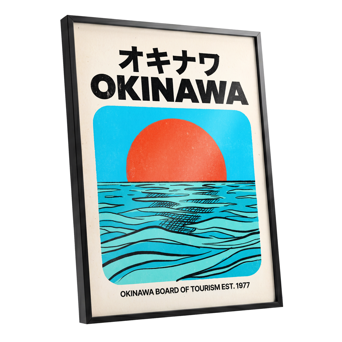 Okinawa Horizon, black, beige, blue nature wall art shown as a black framed poster wall art print