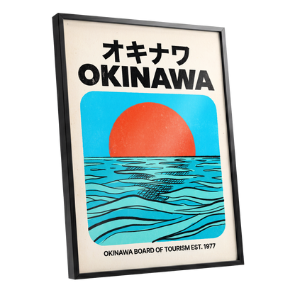 Okinawa Horizon, black, beige, blue nature wall art shown as a black framed poster wall art print