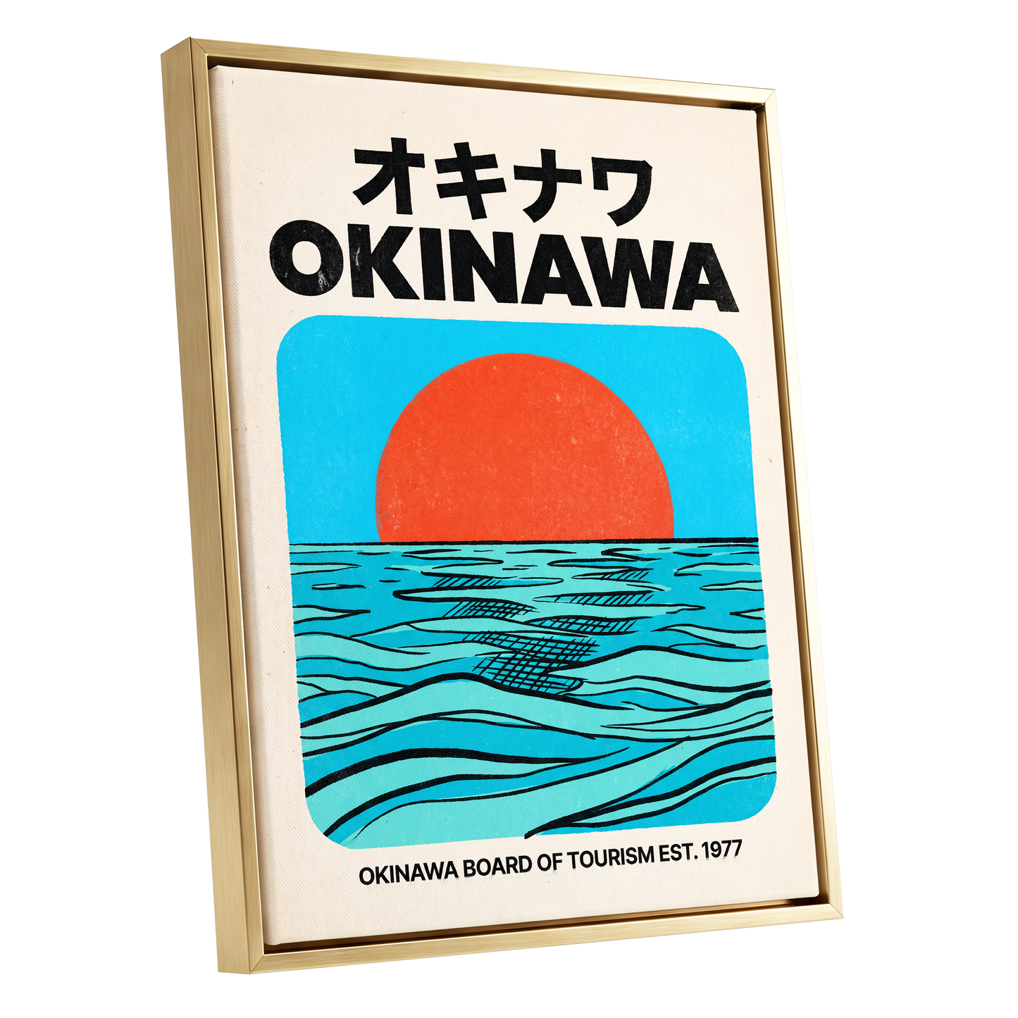 Okinawa Horizon, black, beige, blue nature wall art shown as a gold framed canvas wall art
