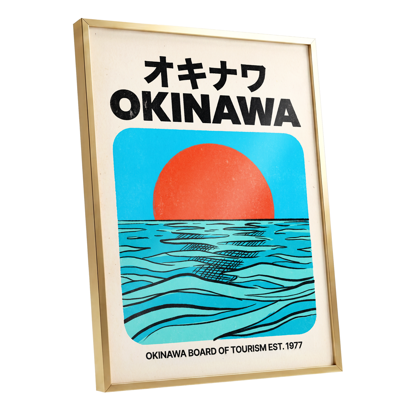 Okinawa Horizon, black, beige, blue nature wall art shown as a gold framed poster wall art print