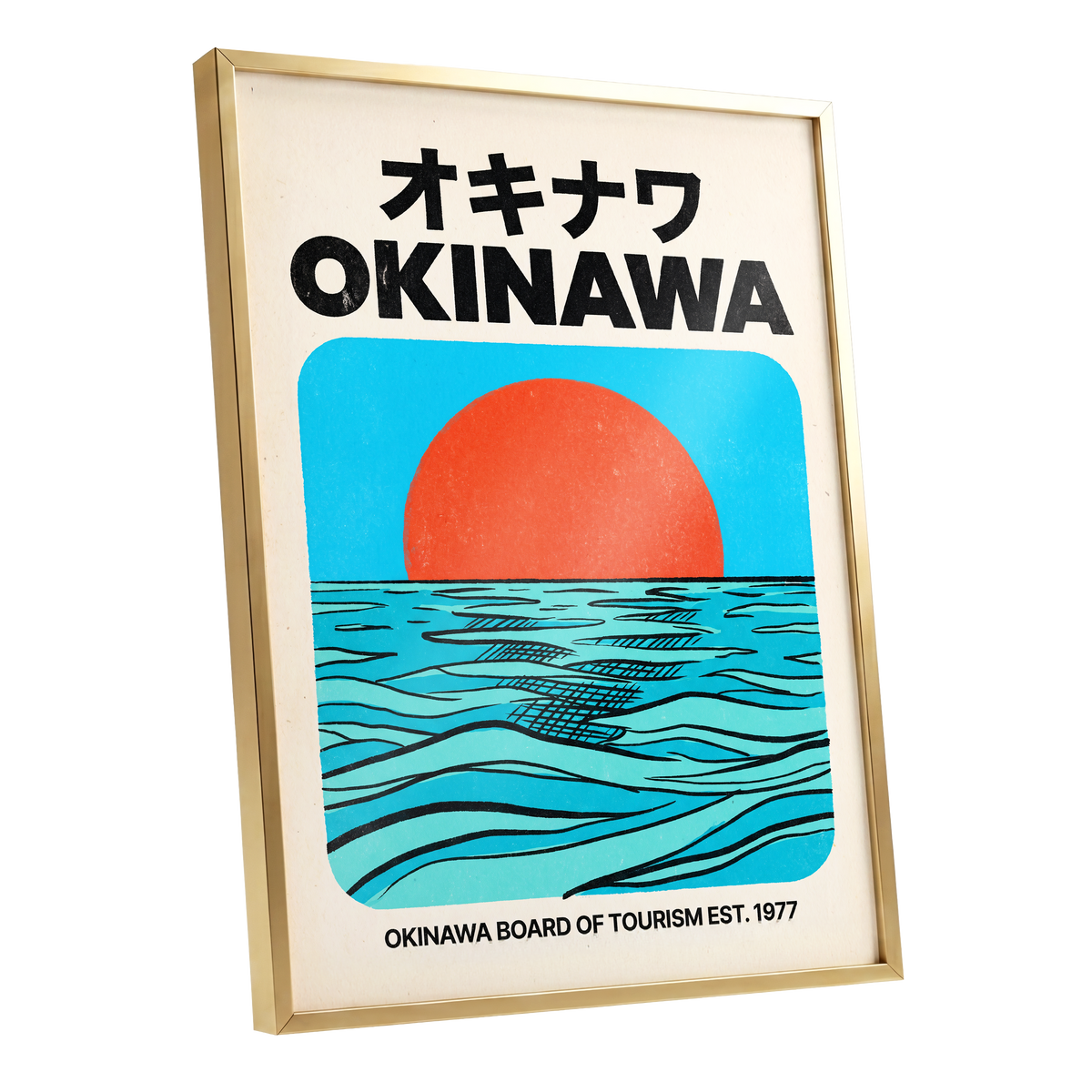 Okinawa Horizon, black, beige, blue nature wall art shown as a gold framed poster wall art print