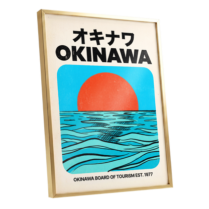 Okinawa Horizon, black, beige, blue nature wall art shown as a gold framed poster wall art print