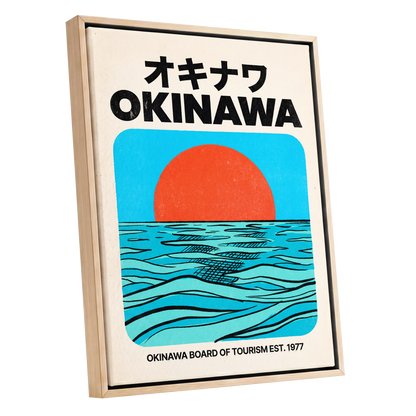 Okinawa Horizon, black, beige, blue nature wall art shown as a oak framed canvas wall art