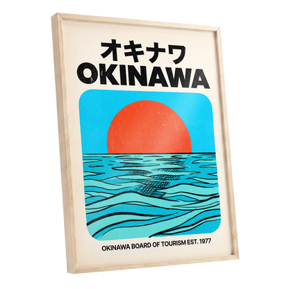 Okinawa Horizon, black, beige, blue nature wall art shown as a oak framed poster wall art print