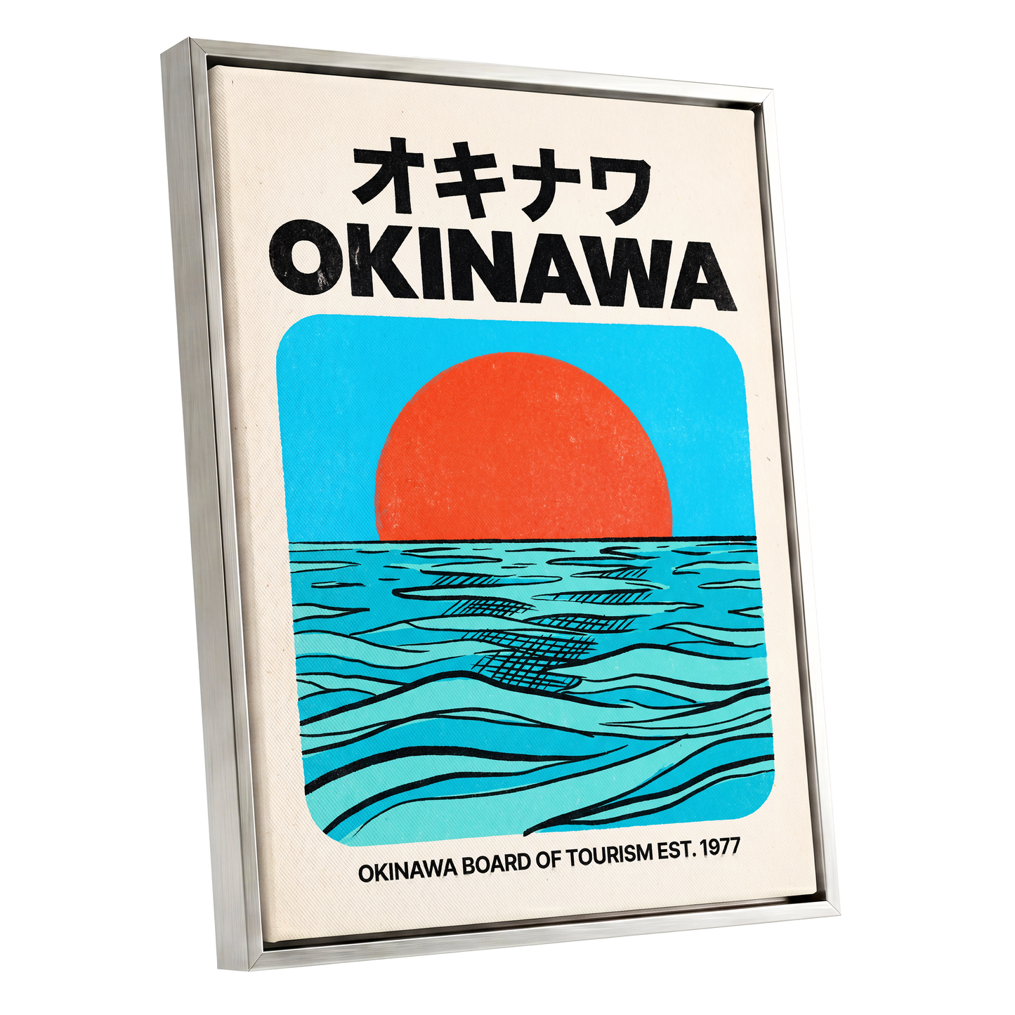 Okinawa Horizon, black, beige, blue nature wall art shown as a silver framed canvas wall art
