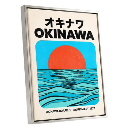 Okinawa Horizon, black, beige, blue nature wall art shown as a silver framed canvas wall art