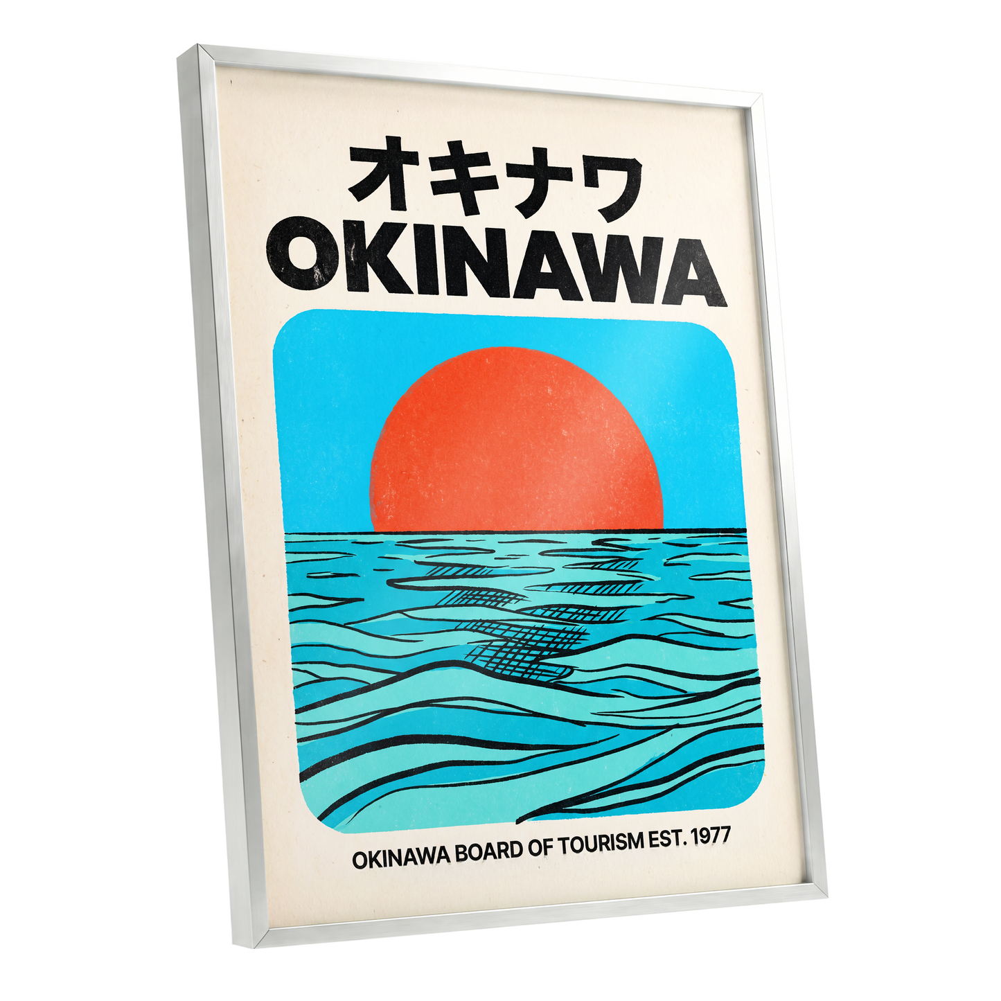 Okinawa Horizon, black, beige, blue nature wall art shown as a silver framed poster wall art print