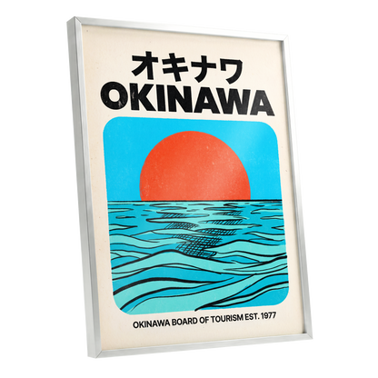 Okinawa Horizon, black, beige, blue nature wall art shown as a silver framed poster wall art print