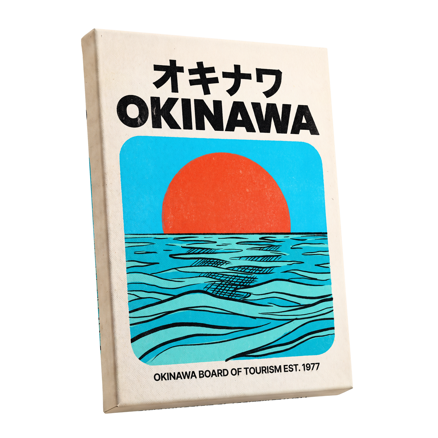 Okinawa Horizon, black, beige, blue nature wall art shown as a stretched canvas wall art