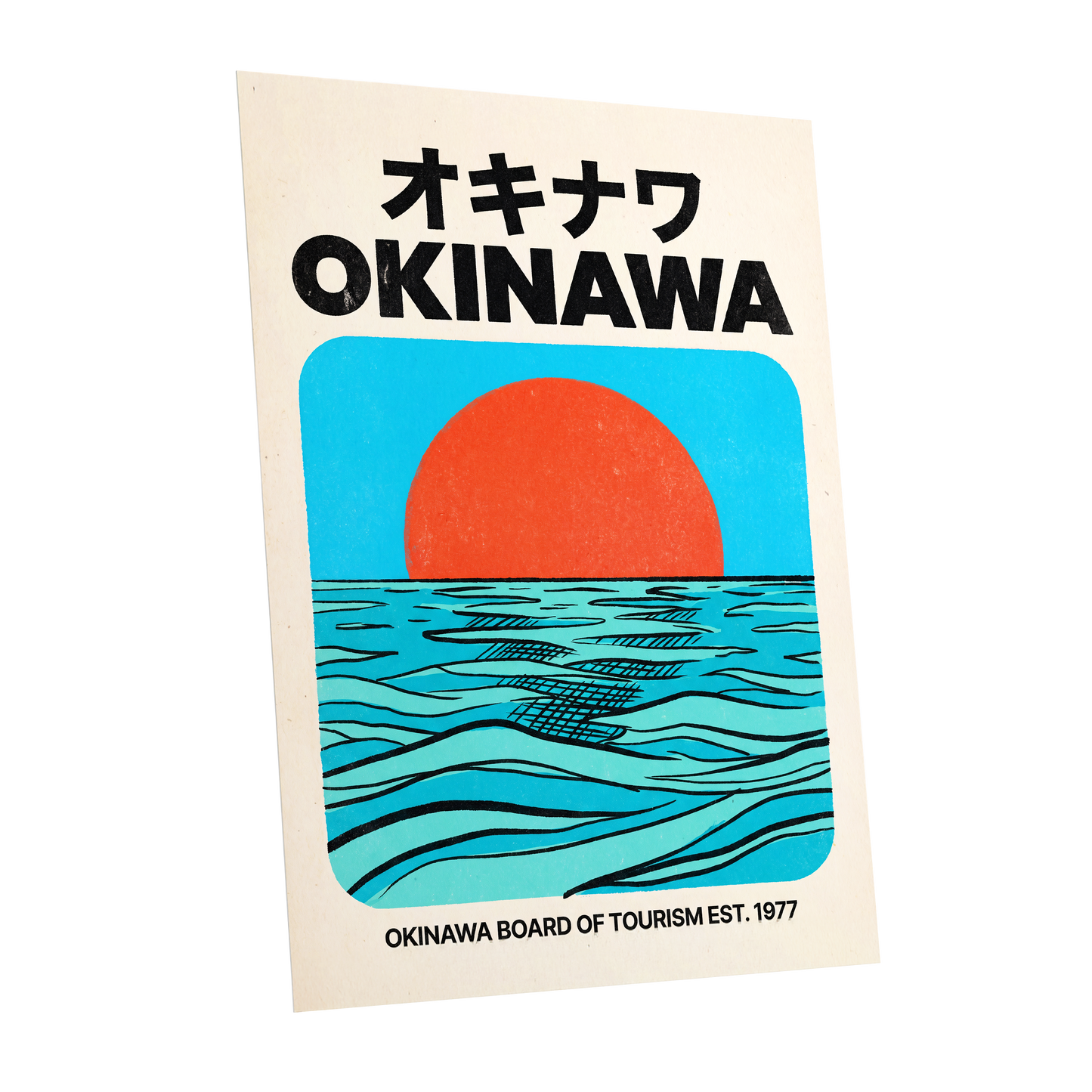 Okinawa Horizon, black, beige, blue nature wall art shown as a unframed poster wall art print
