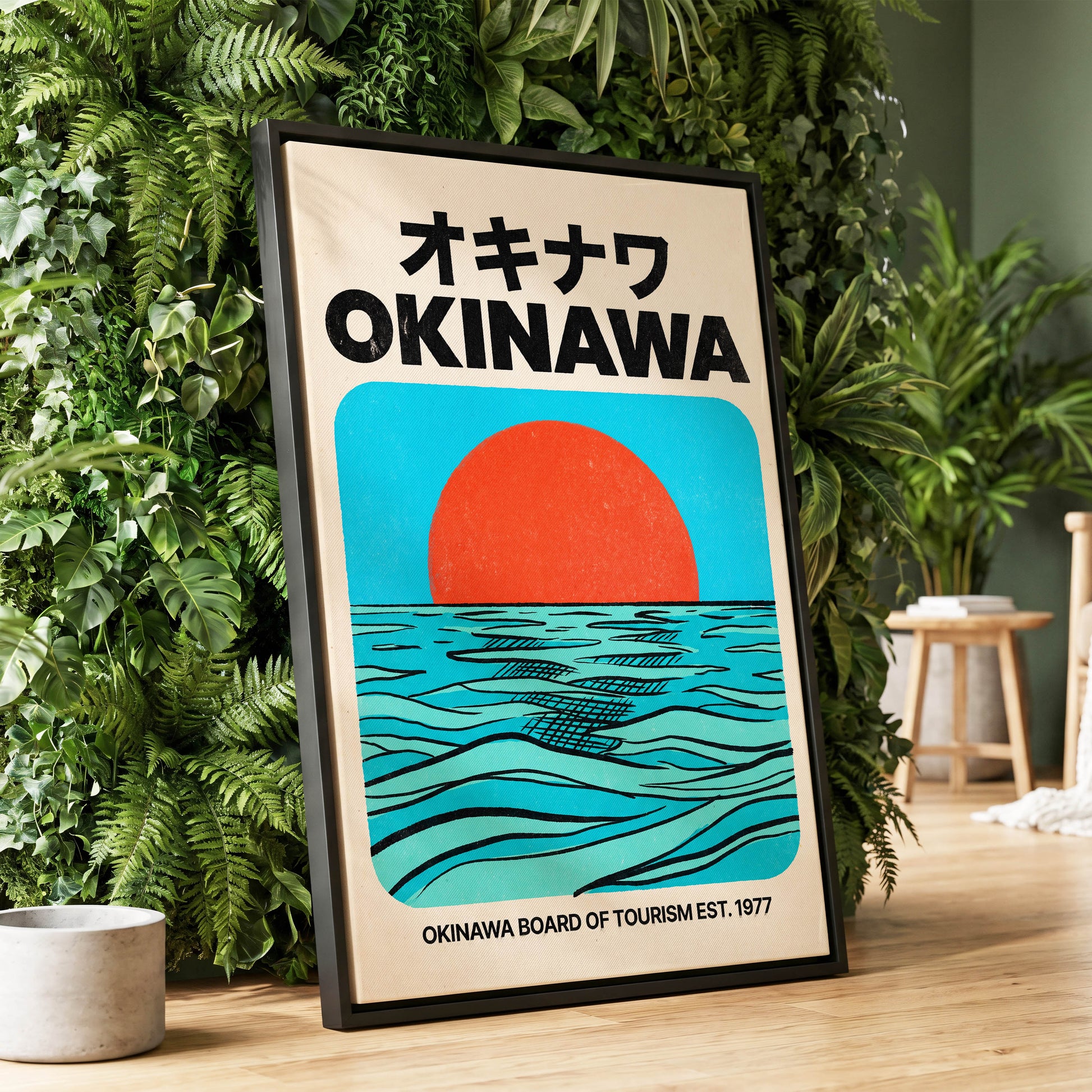 Okinawa Horizon, black, beige, blue nature wall art displayed in a styled interior, gallery view 4