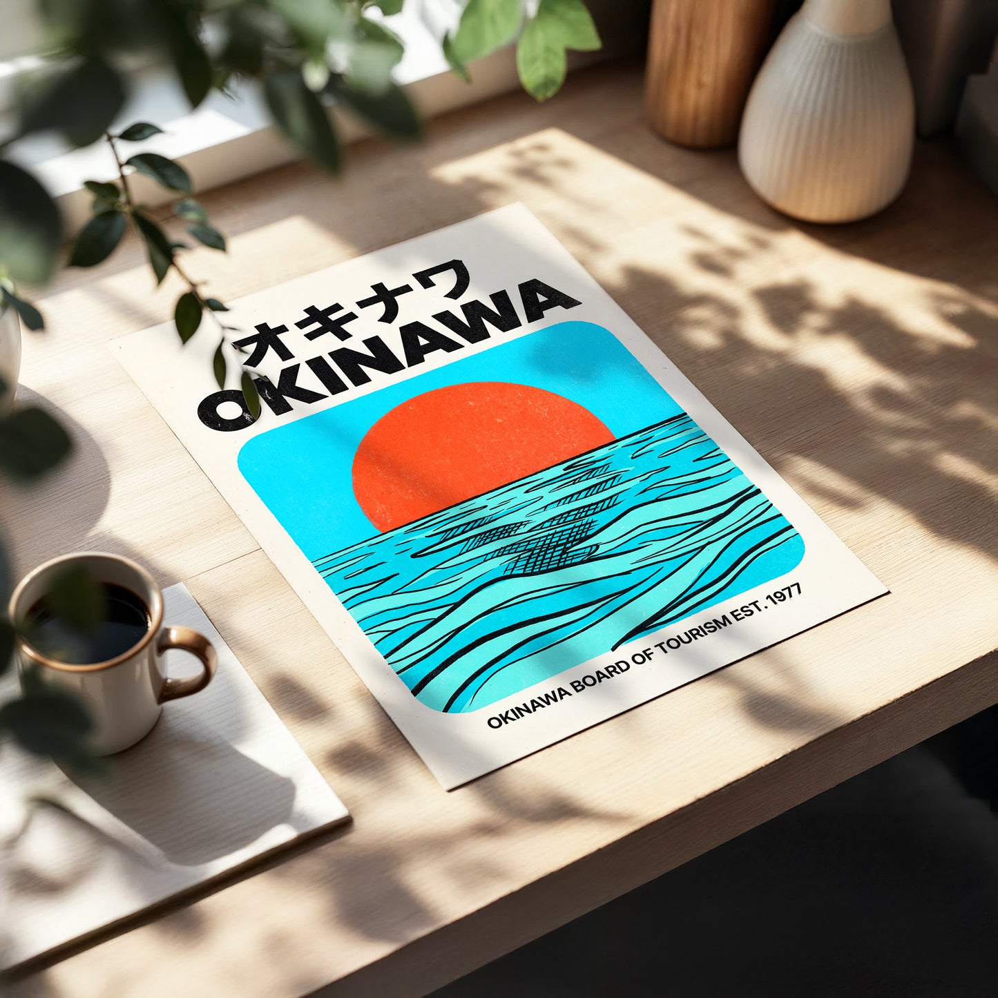 Okinawa Horizon, black, beige, blue nature wall art displayed in a styled interior, gallery view 5