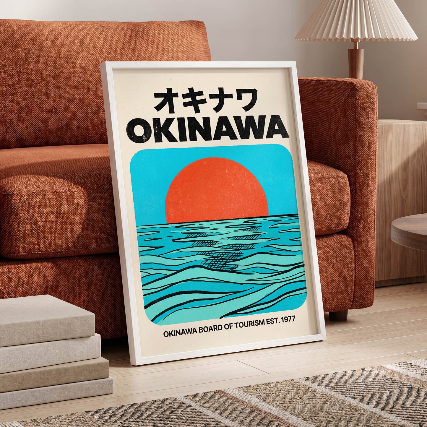 Okinawa Horizon, black, beige, blue nature wall art displayed in a styled interior, gallery view 9