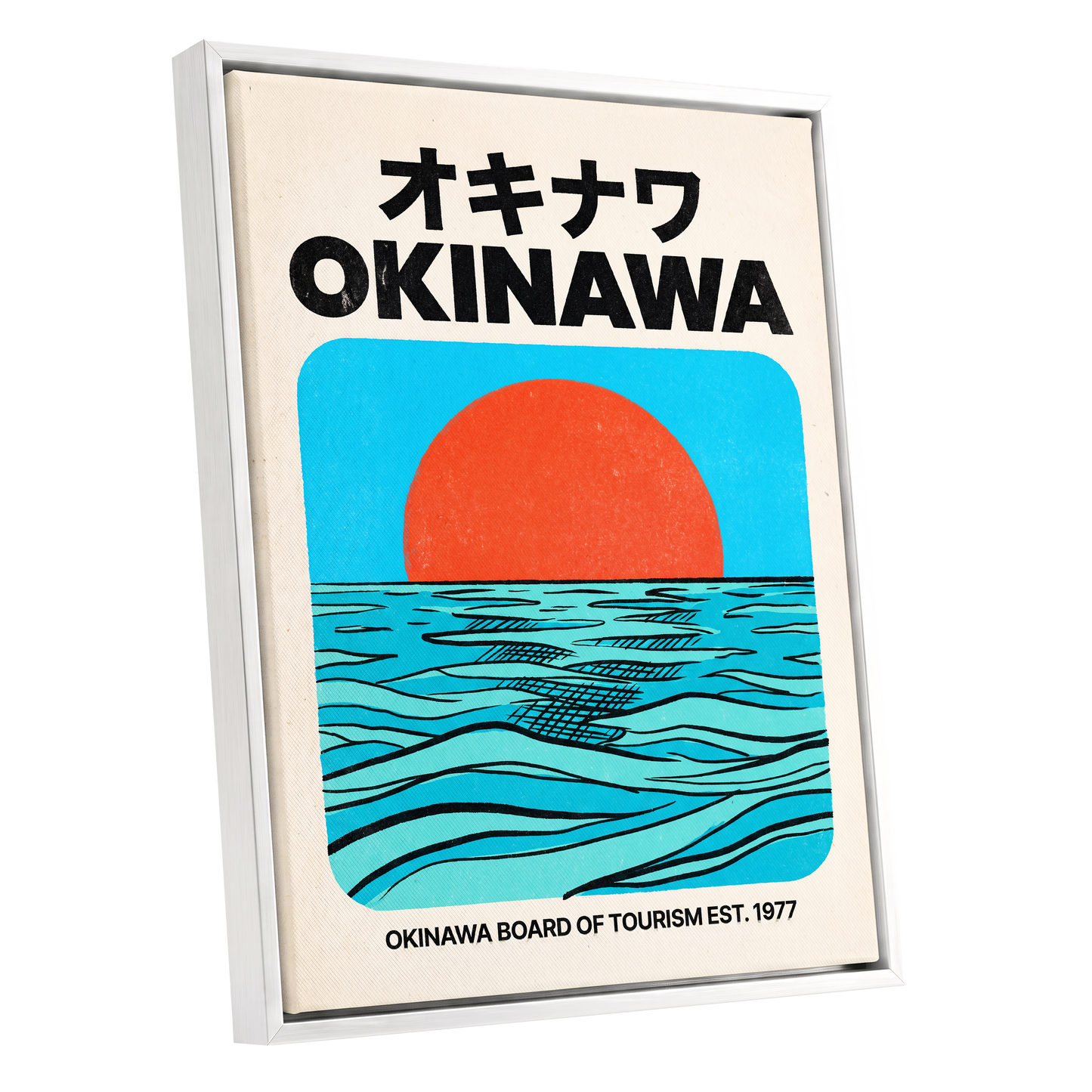 Okinawa Horizon, black, beige, blue nature wall art shown as a white framed canvas wall art
