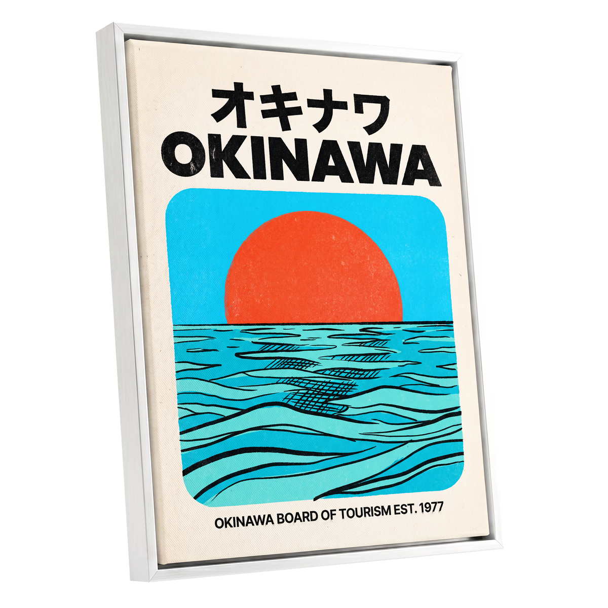 Okinawa Horizon, black, beige, blue nature wall art shown as a white framed canvas wall art