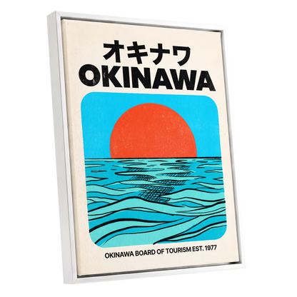Okinawa Horizon, black, beige, blue nature wall art shown as a white framed canvas wall art