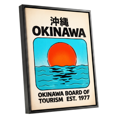 Okinawa Rising Sun, black, beige, blue nature wall art shown as a black framed canvas wall art