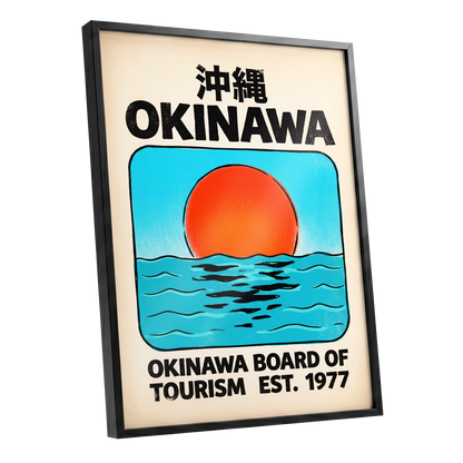Okinawa Rising Sun, black, beige, blue nature wall art shown as a black framed poster wall art print