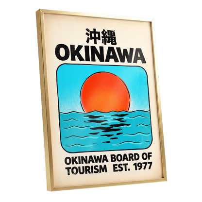 Okinawa Rising Sun, black, beige, blue nature wall art shown as a gold framed poster wall art print