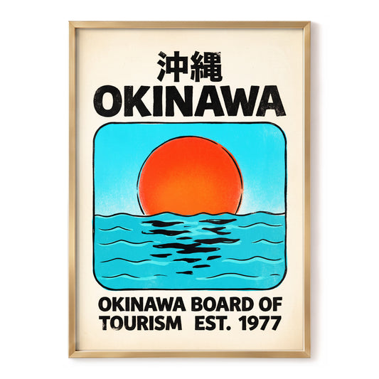 Okinawa Rising Sun, black, beige, blue nature wall art, front artwork view