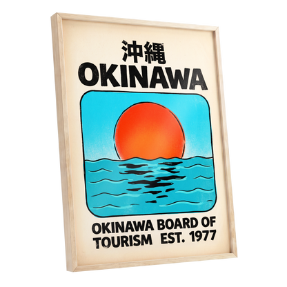 Okinawa Rising Sun, black, beige, blue nature wall art shown as a oak framed poster wall art print