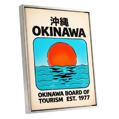 Okinawa Rising Sun, black, beige, blue nature wall art shown as a silver framed canvas wall art