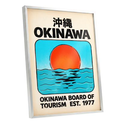 Okinawa Rising Sun, black, beige, blue nature wall art shown as a silver framed poster wall art print