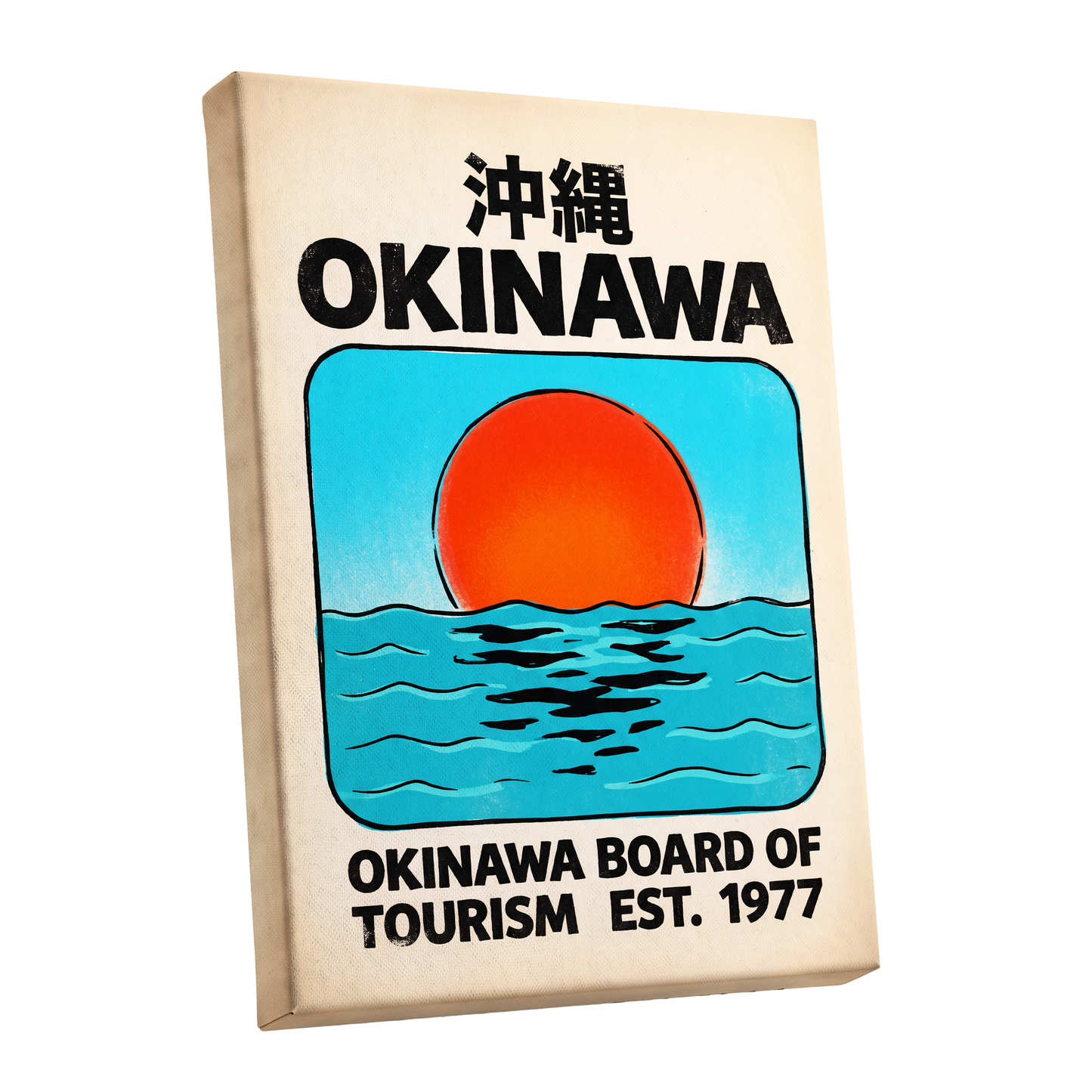 Okinawa Rising Sun, black, beige, blue nature wall art shown as a stretched canvas wall art