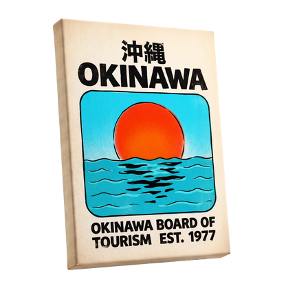 Okinawa Rising Sun, black, beige, blue nature wall art shown as a stretched canvas wall art