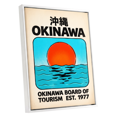Okinawa Rising Sun, black, beige, blue nature wall art shown as a white framed canvas wall art