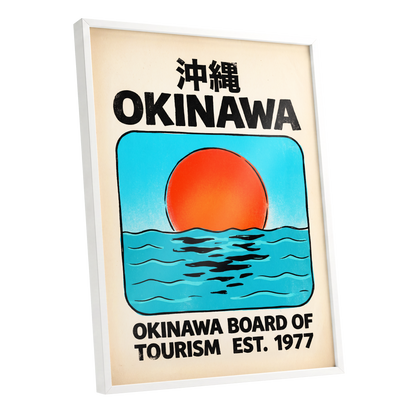 Okinawa Rising Sun, black, beige, blue nature wall art shown as a white framed poster wall art print