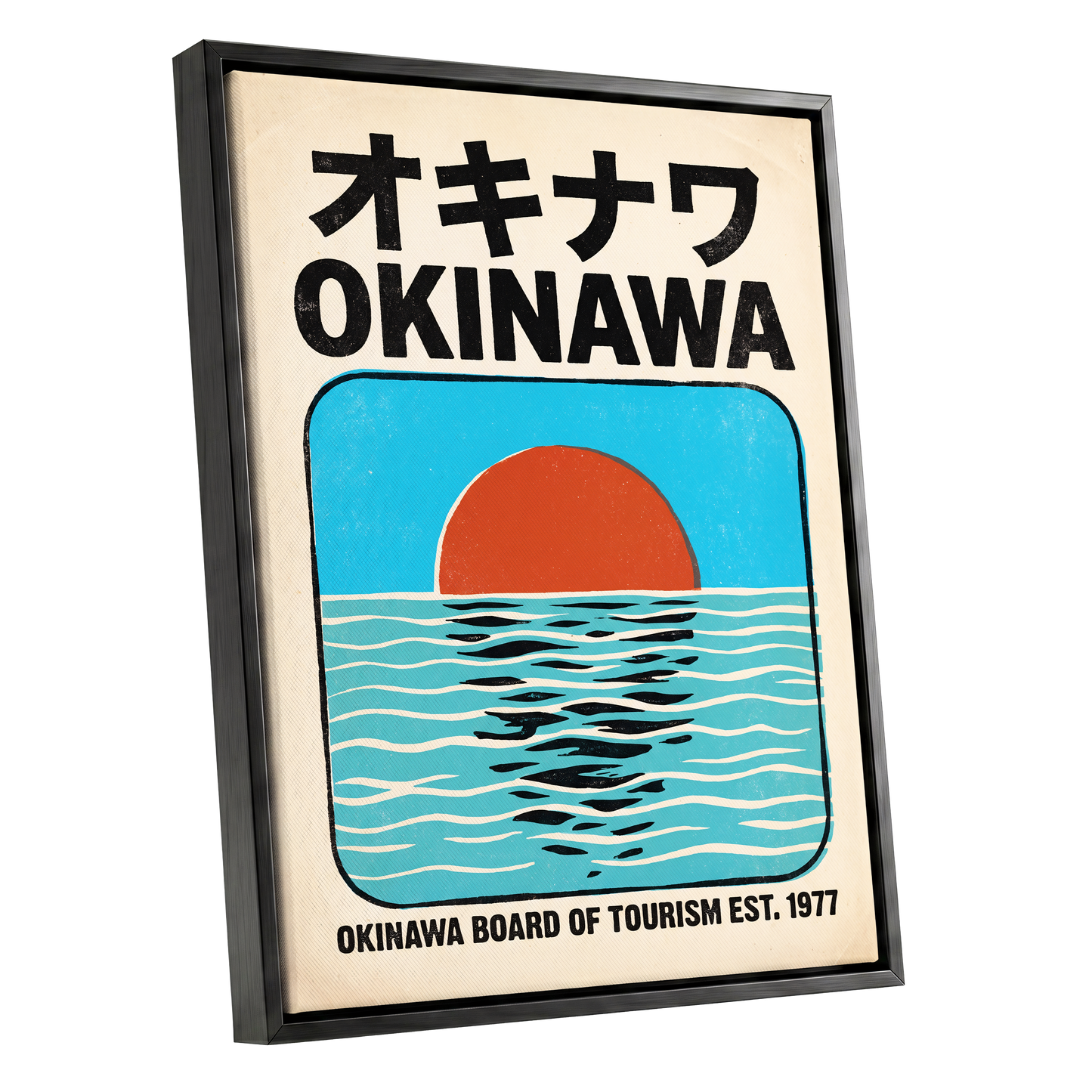 Okinawa Sunset, black, beige, blue nature wall art shown as a black framed canvas wall art