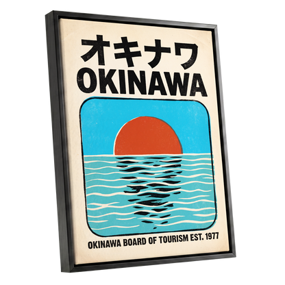 Okinawa Sunset, black, beige, blue nature wall art shown as a black framed canvas wall art