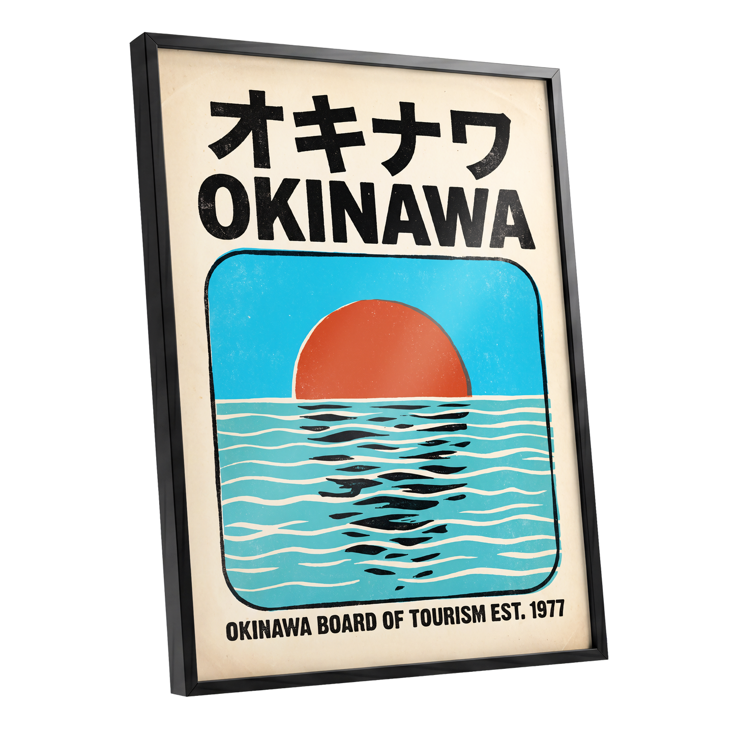 Okinawa Sunset, black, beige, blue nature wall art shown as a black framed poster wall art print