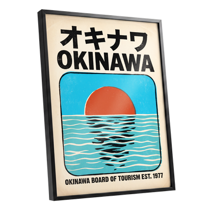 Okinawa Sunset, black, beige, blue nature wall art shown as a black framed poster wall art print