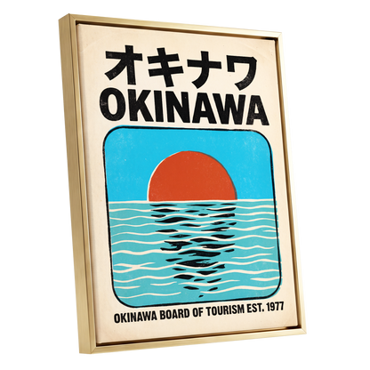 Okinawa Sunset, black, beige, blue nature wall art shown as a gold framed canvas wall art