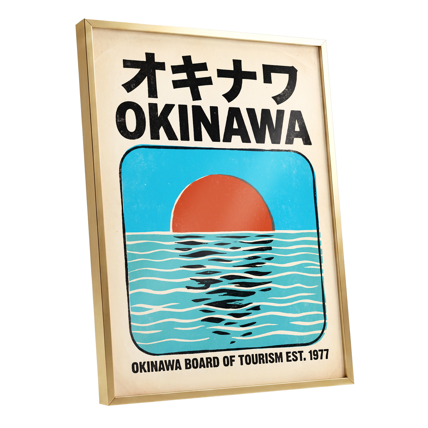 Okinawa Sunset, black, beige, blue nature wall art shown as a gold framed poster wall art print