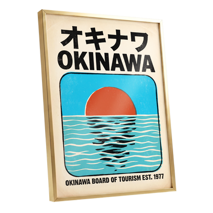 Okinawa Sunset, black, beige, blue nature wall art shown as a gold framed poster wall art print